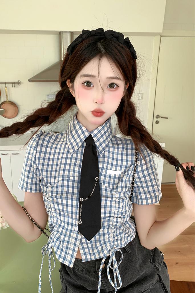 Japanese Sweet Plaid Drawstring Short Sleeve Shirt Women 2025 Summer Cropped Preppy Top - Image 5
