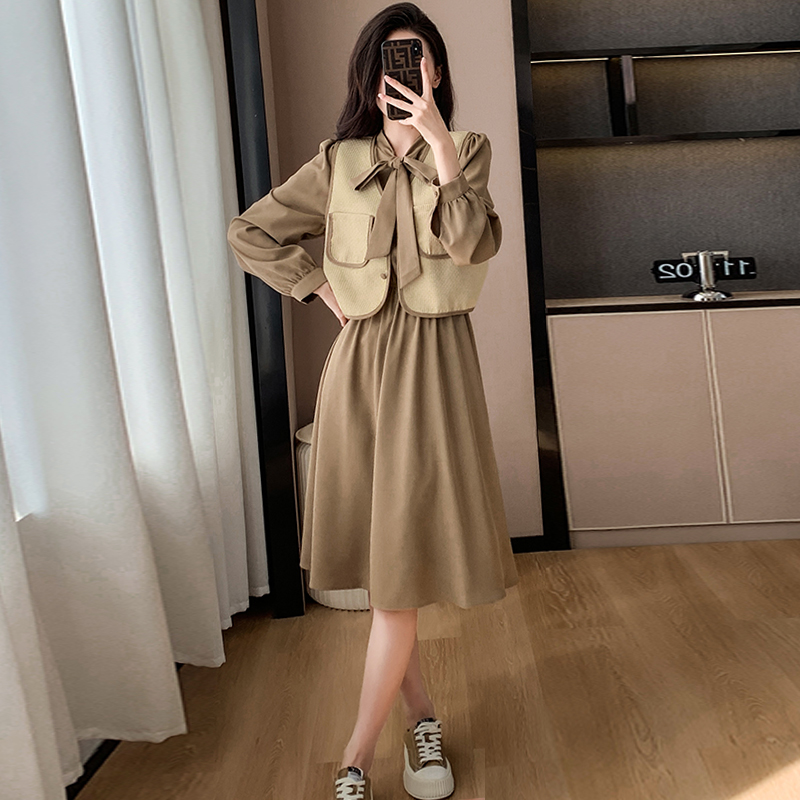Two-Piece French Vintage Dress Set with Vest and Long Sleeve Dress - Image 3