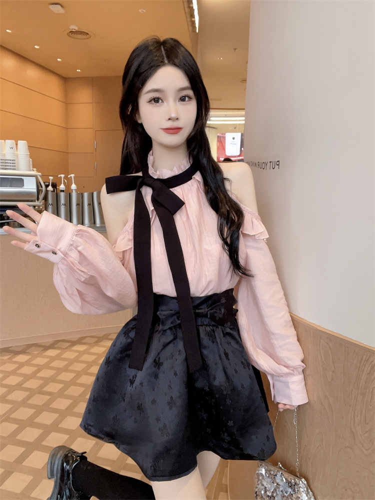 Pink Ruffle Off-Shoulder Long-Sleeve Shirt Women Fall 2025 Short Top