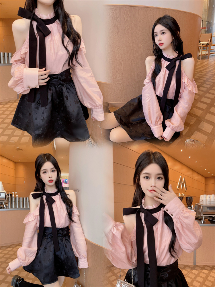 Pink Ruffle Off-Shoulder Long-Sleeve Shirt Women Fall 2025 Short Top - Image 2