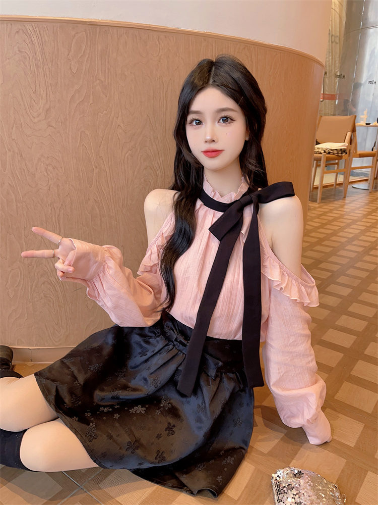Pink Ruffle Off-Shoulder Long-Sleeve Shirt Women Fall 2025 Short Top - Image 3