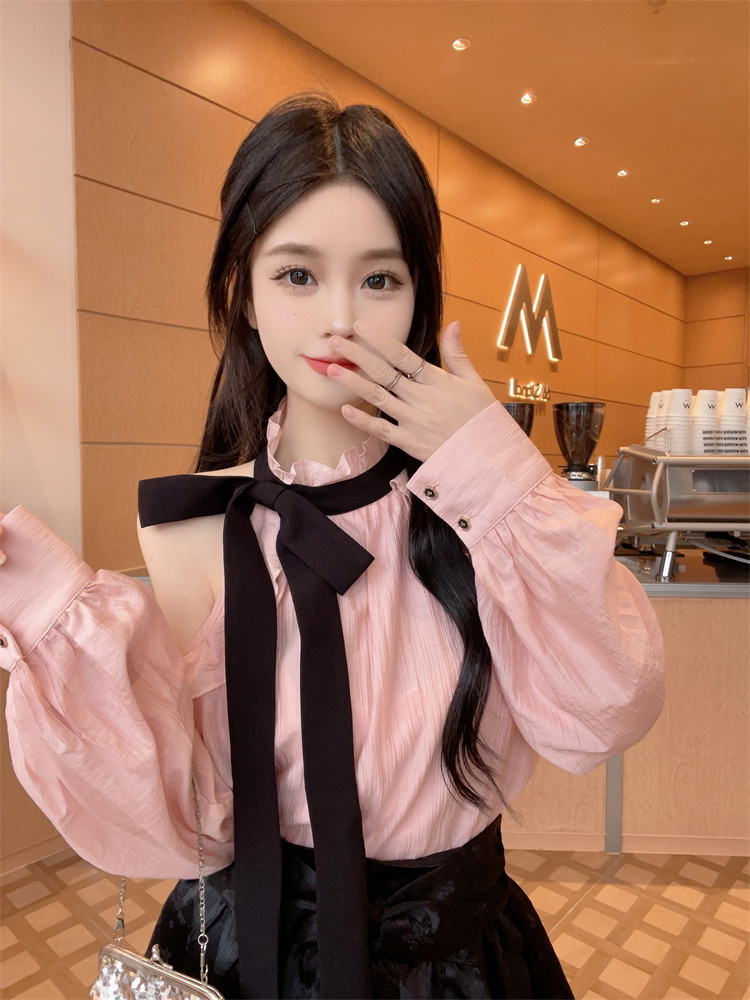 Pink Ruffle Off-Shoulder Long-Sleeve Shirt Women Fall 2025 Short Top - Image 4