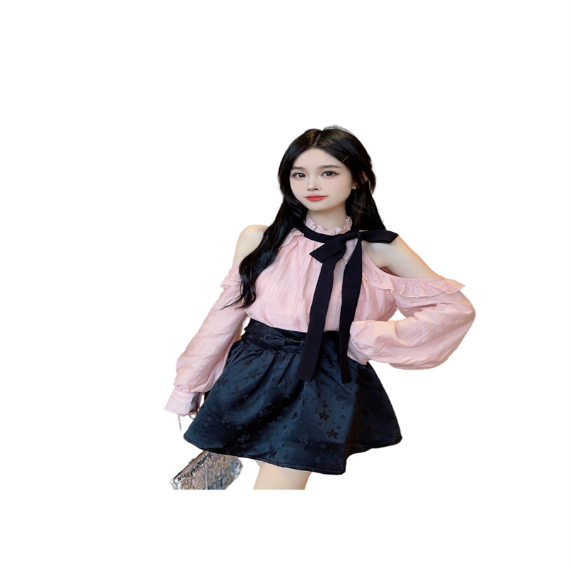 Pink Ruffle Off-Shoulder Long-Sleeve Shirt Women Fall 2025 Short Top - Image 5