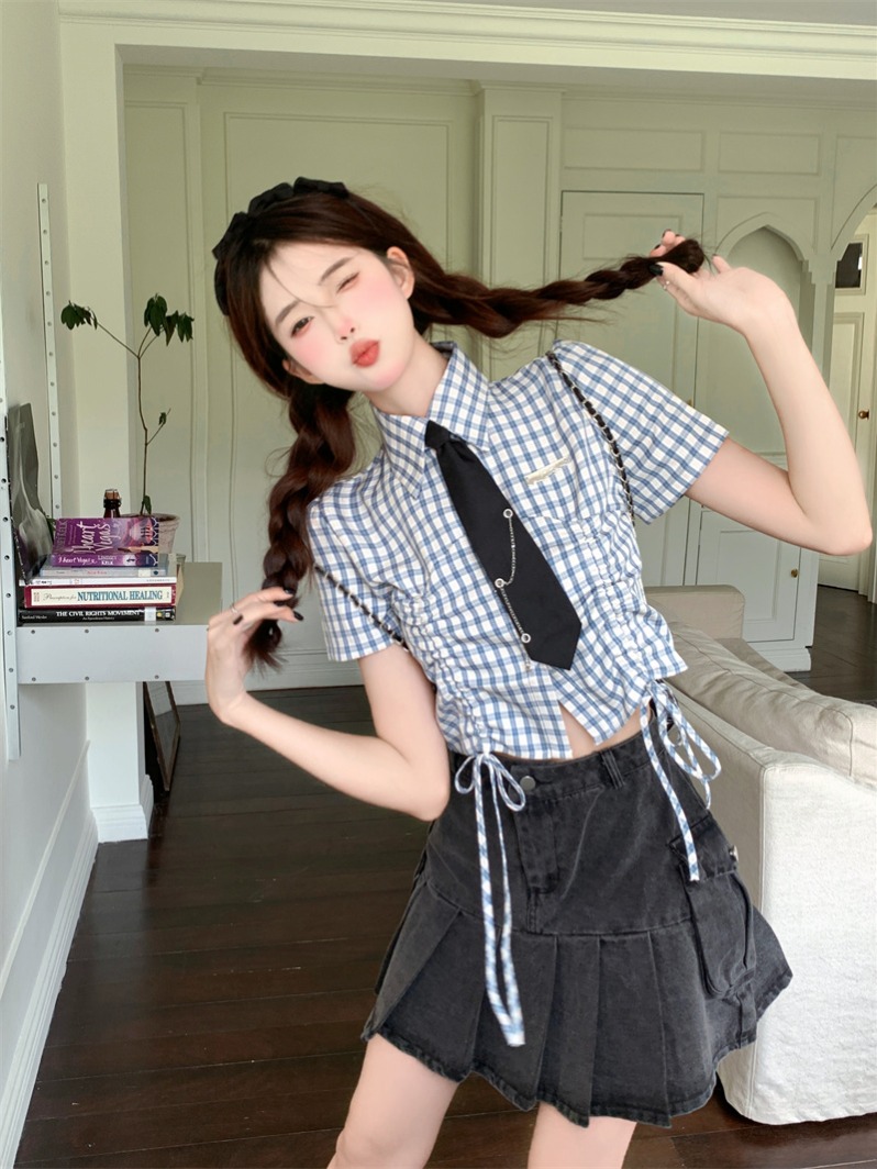 Japanese Sweet Plaid Drawstring Short Sleeve Shirt Women 2025 Summer Cropped Preppy Top