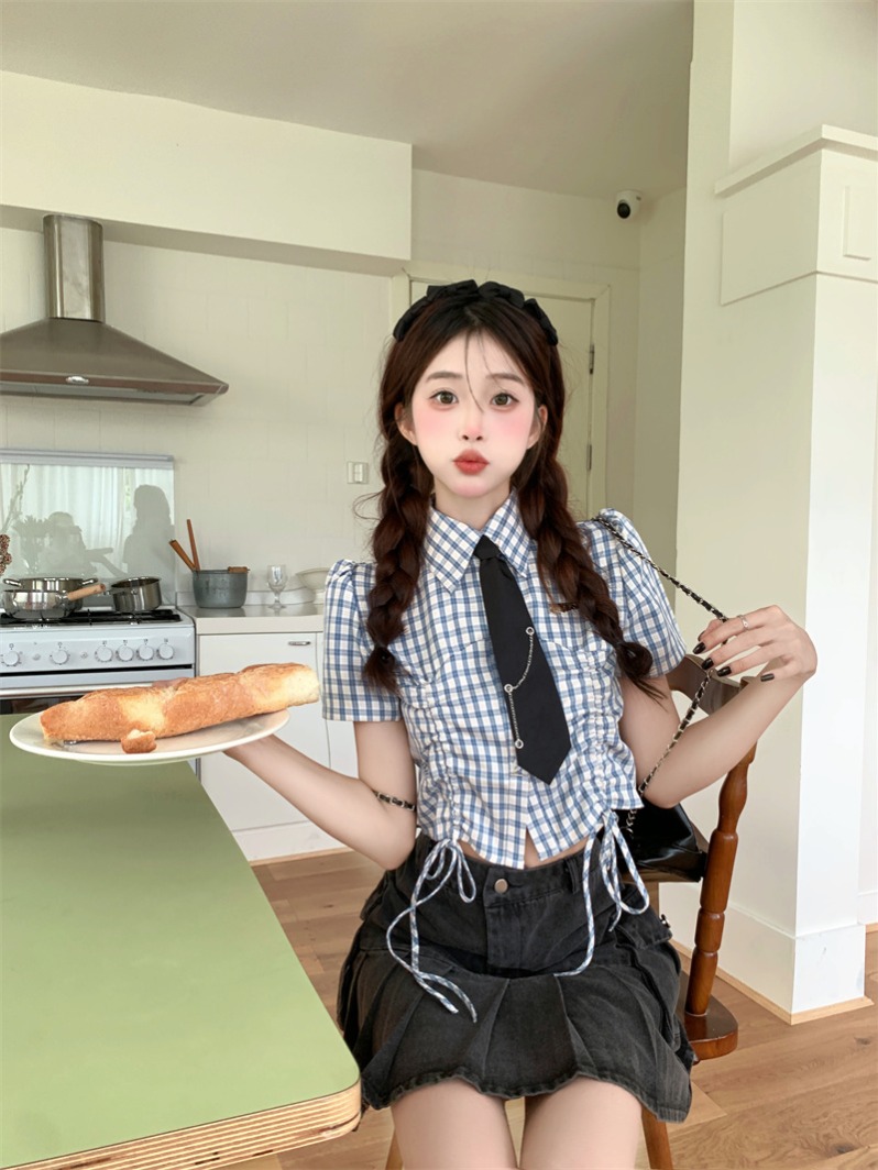 Japanese Sweet Plaid Drawstring Short Sleeve Shirt Women 2025 Summer Cropped Preppy Top - Image 3