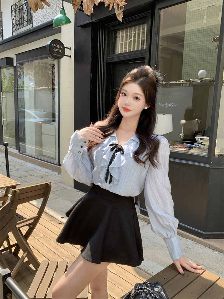 Ruffle Blue Shirt and Skirt Two-Piece Set Women Autumn 2025 French Style