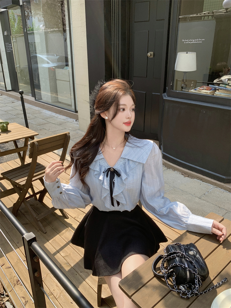 Ruffle Blue Shirt and Skirt Two-Piece Set Women Autumn 2025 French Style - Image 3
