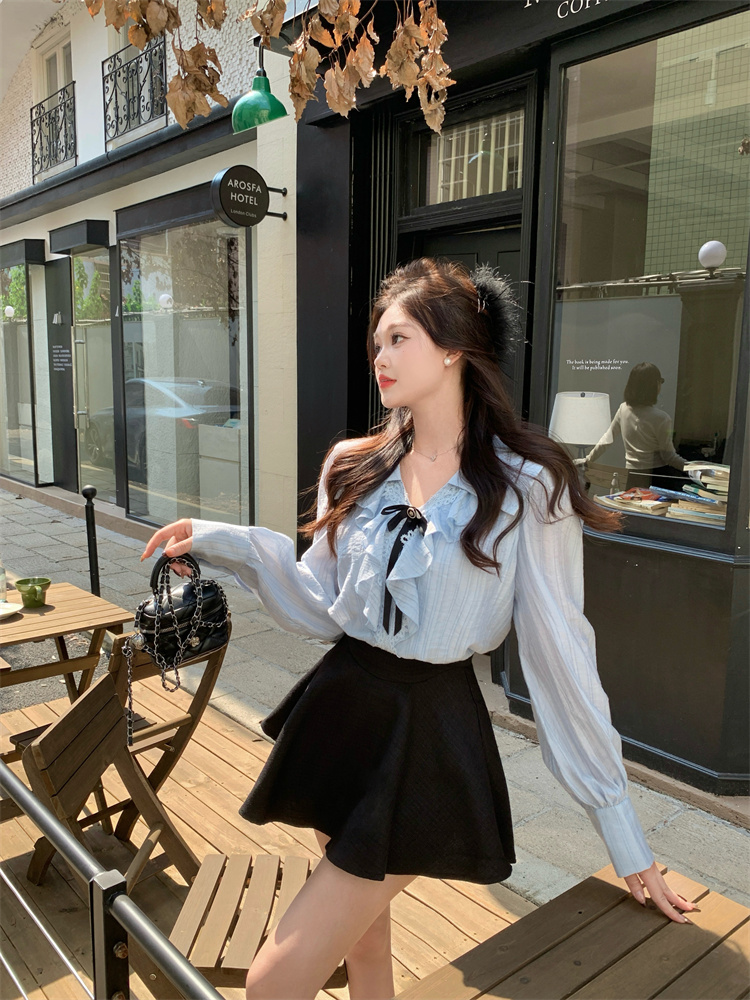 Ruffle Blue Shirt and Skirt Two-Piece Set Women Autumn 2025 French Style - Image 4