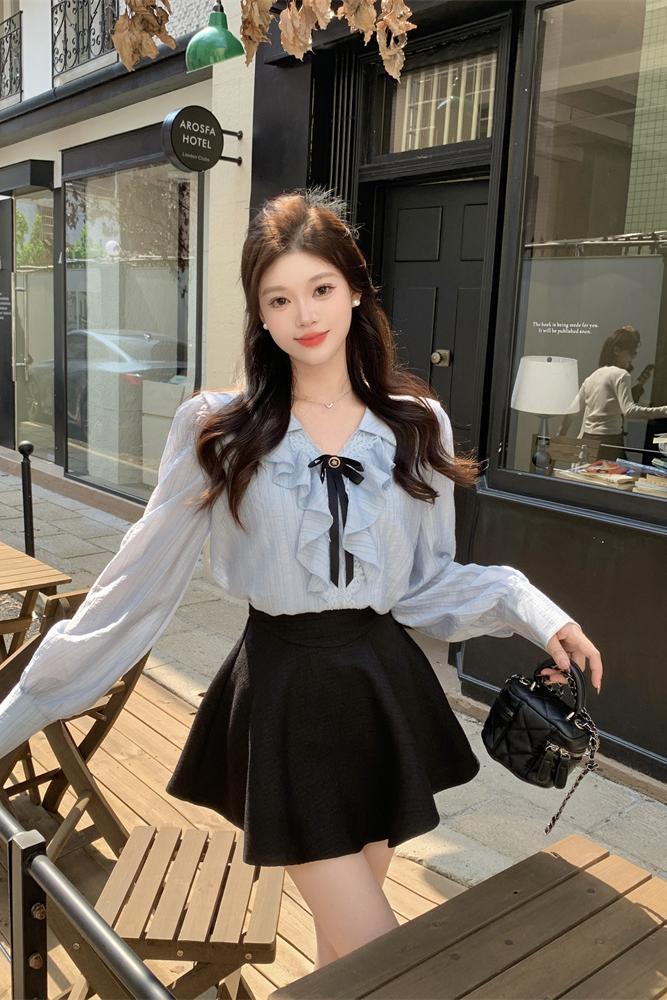 Ruffle Blue Shirt and Skirt Two-Piece Set Women Autumn 2025 French Style - Image 5
