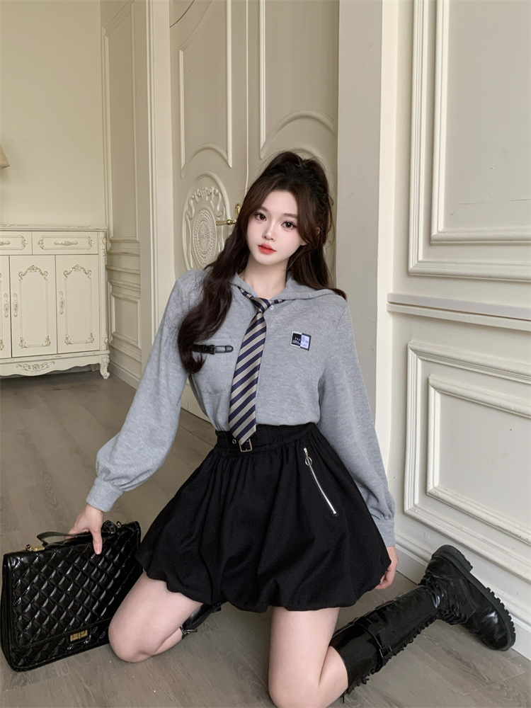 Preppy Waffle Shirt and Bubble Skirt Set for Women Autumn 2025 - Image 2