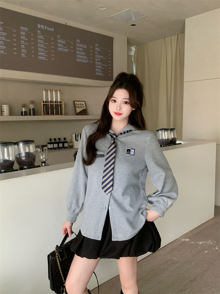 Preppy Waffle Shirt and Bubble Skirt Set for Women Autumn 2025 - Image 3
