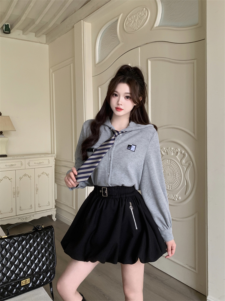 Preppy Waffle Shirt and Bubble Skirt Set for Women Autumn 2025 - Image 4