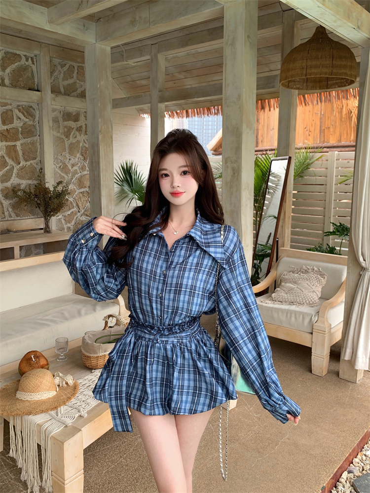Women's Plaid Long Sleeve Loose Shirt and High Waist Bubble Skirt Two Piece Set for Autumn