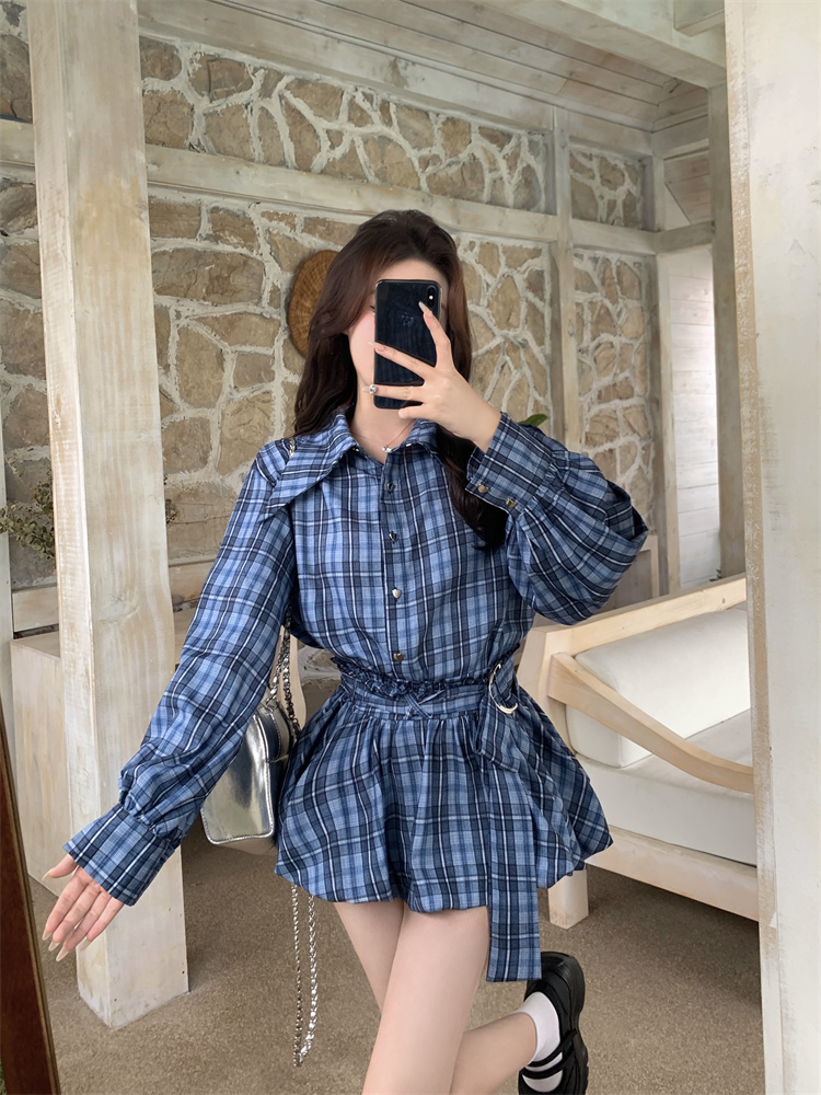 Women's Plaid Long Sleeve Loose Shirt and High Waist Bubble Skirt Two Piece Set for Autumn - Image 2