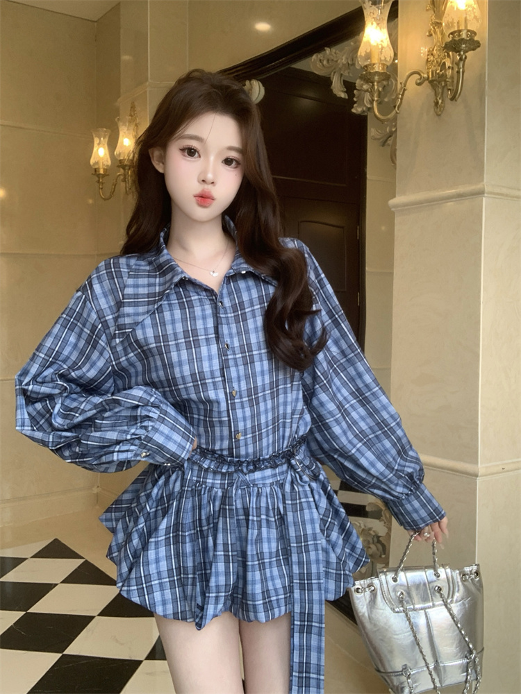 Women's Plaid Long Sleeve Loose Shirt and High Waist Bubble Skirt Two Piece Set for Autumn - Image 4