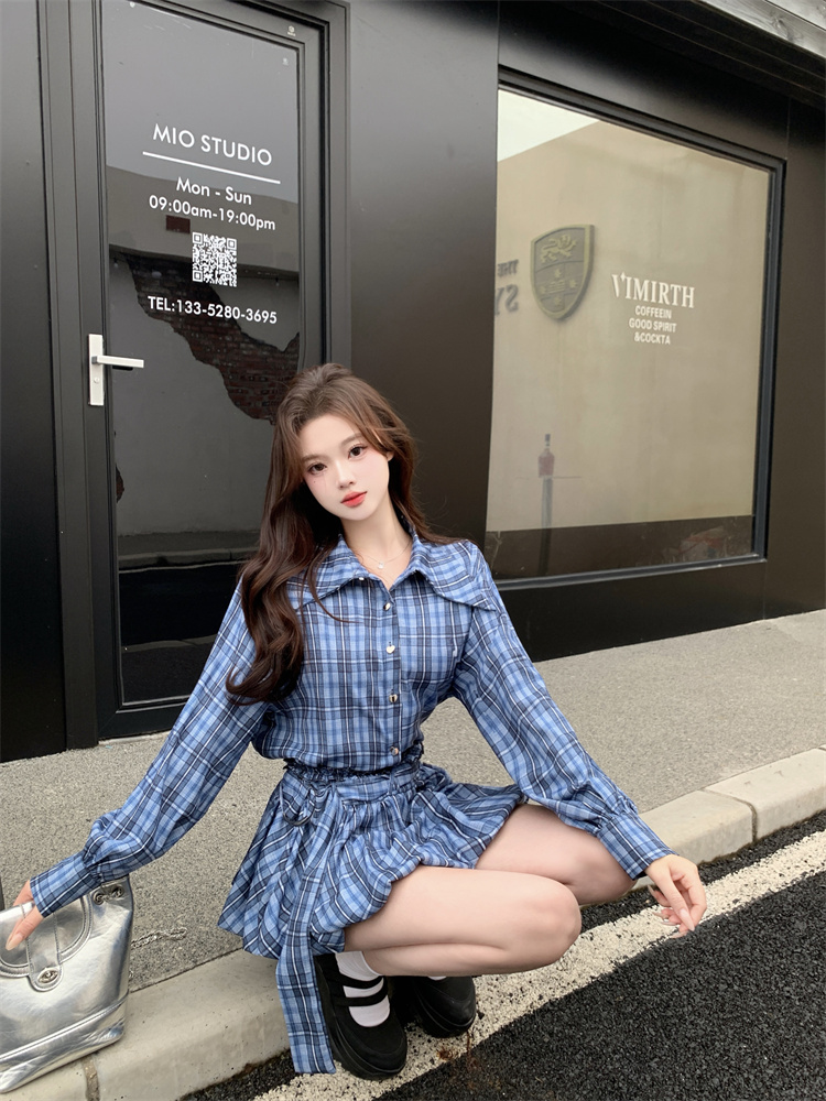 Women's Plaid Long Sleeve Loose Shirt and High Waist Bubble Skirt Two Piece Set for Autumn - Image 3