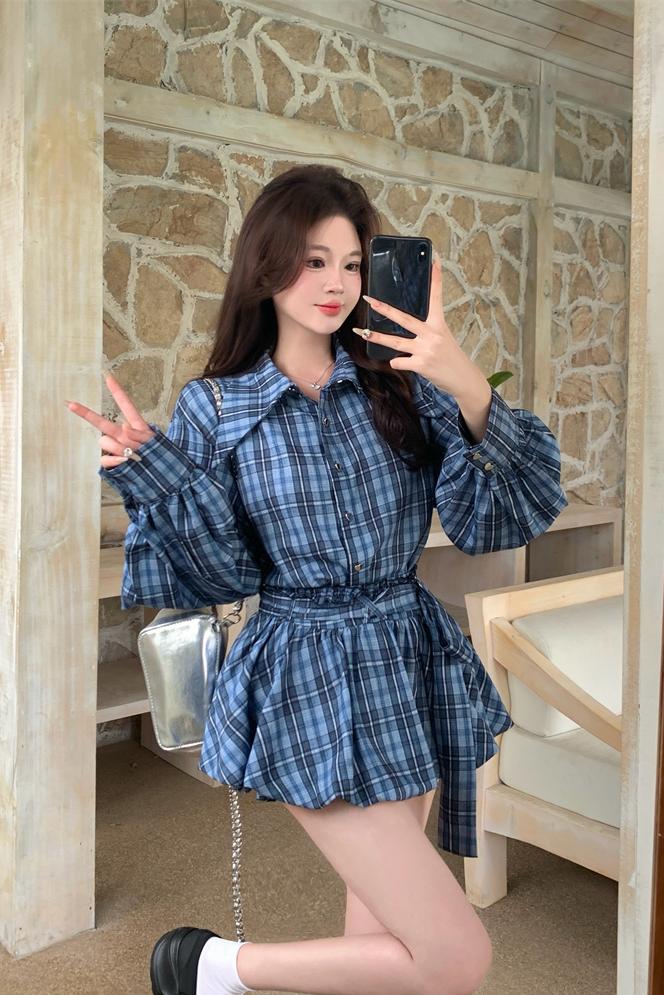 Women's Plaid Long Sleeve Loose Shirt and High Waist Bubble Skirt Two Piece Set for Autumn - Image 5