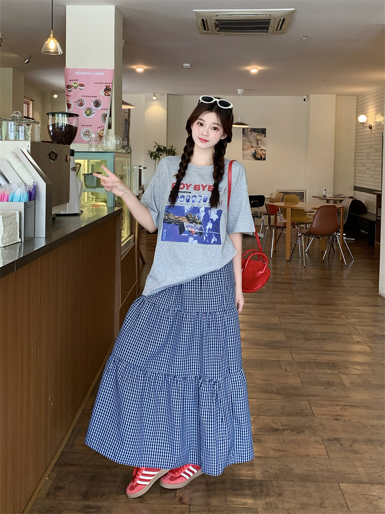 2025 Summer Vintage Letter Print Loose Casual T-Shirt and Plaid Skirt Set