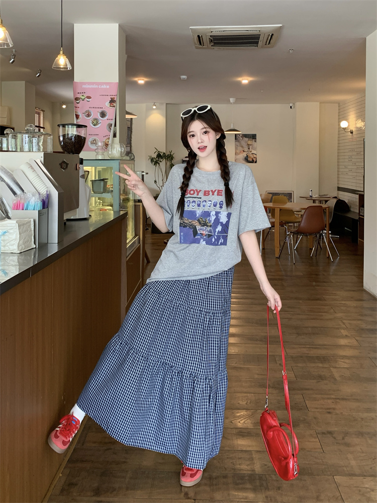 2025 Summer Vintage Letter Print Loose Casual T-Shirt and Plaid Skirt Set - Image 3