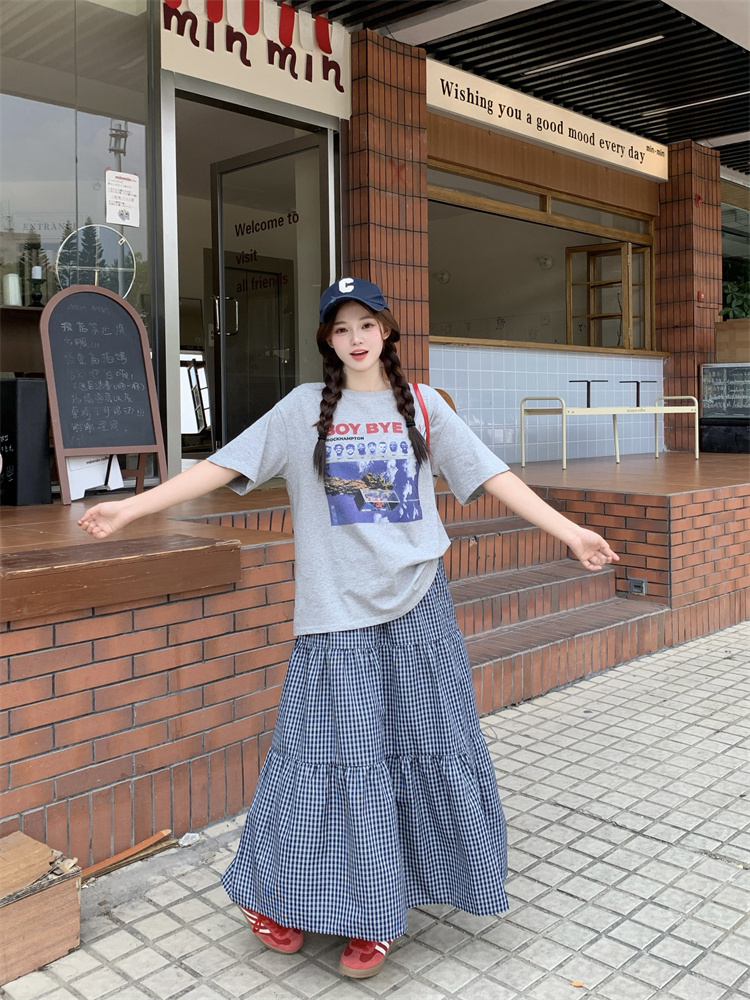 2025 Summer Vintage Letter Print Loose Casual T-Shirt and Plaid Skirt Set - Image 4