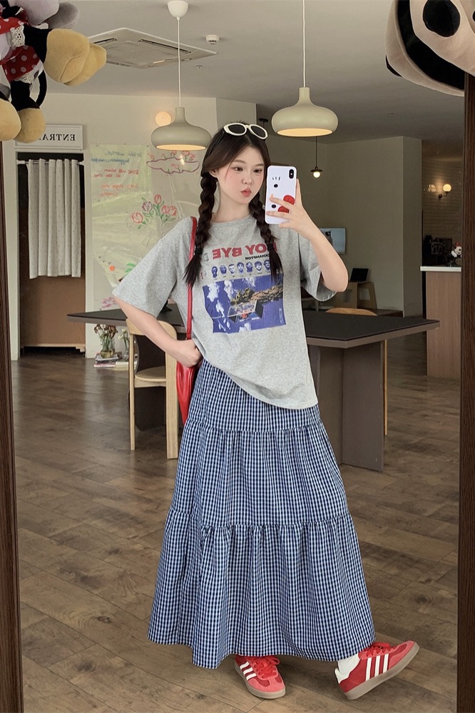 2025 Summer Vintage Letter Print Loose Casual T-Shirt and Plaid Skirt Set - Image 5