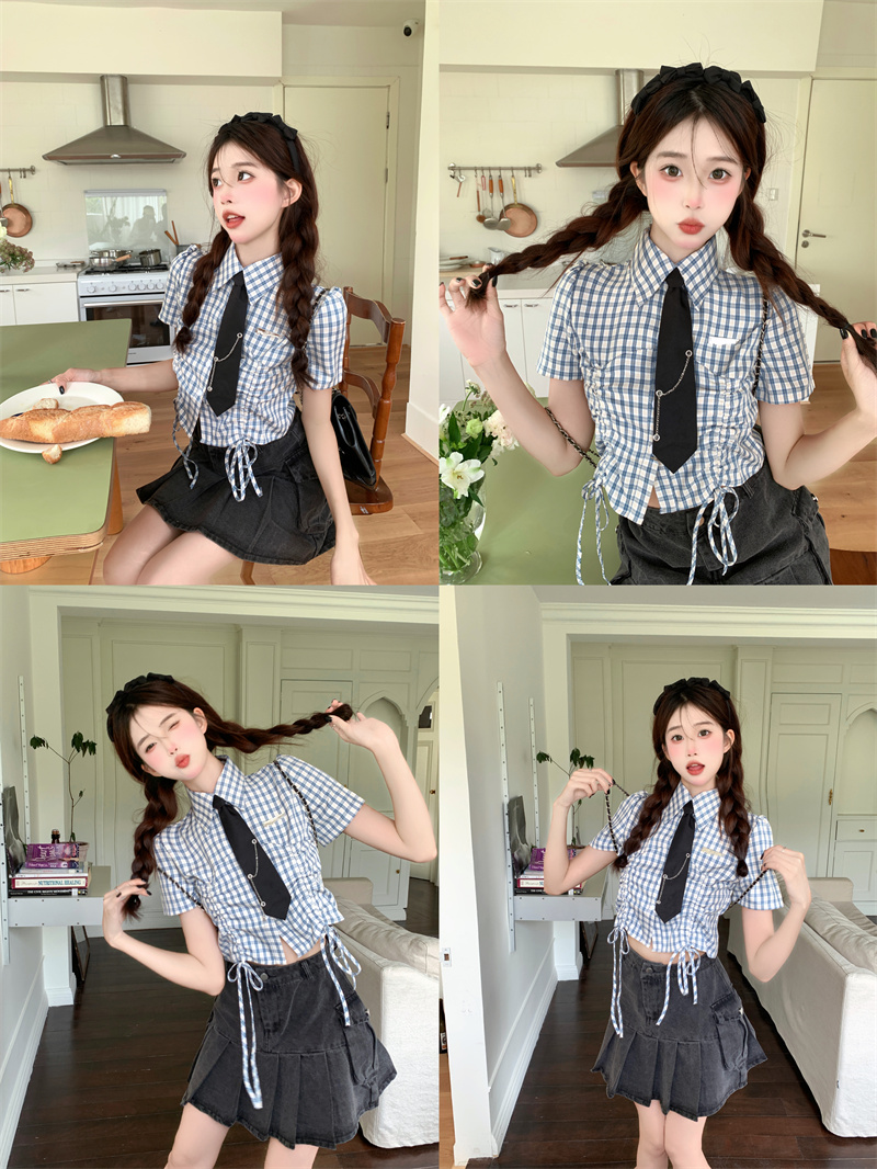 Japanese Sweet Plaid Drawstring Short Sleeve Shirt Women 2025 Summer Cropped Preppy Top - Image 2