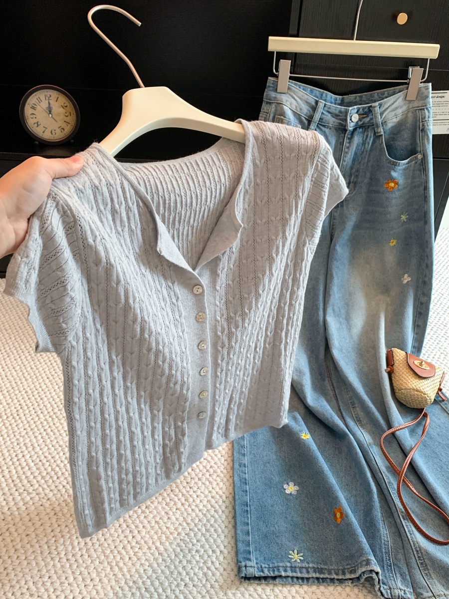 Light Gray Short Sleeve Cable Knit Cardigan for Women Casual Early Autumn Slimming Small Batch Knit Top