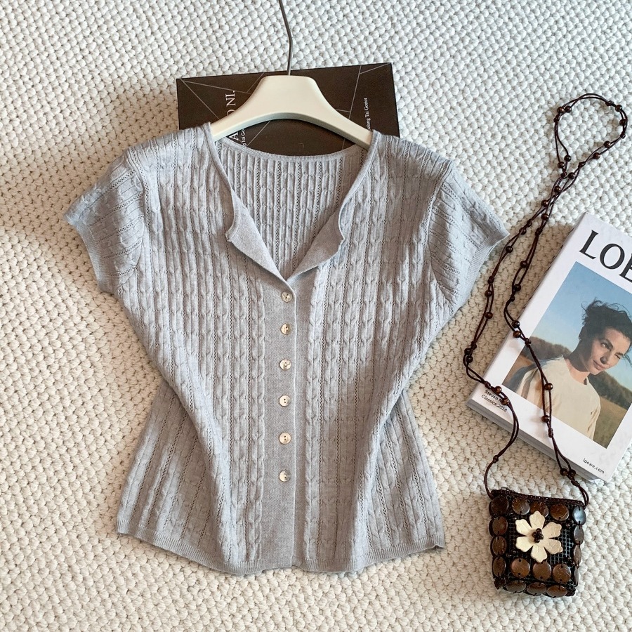 Light Gray Short Sleeve Cable Knit Cardigan for Women Casual Early Autumn Slimming Small Batch Knit Top - Image 5