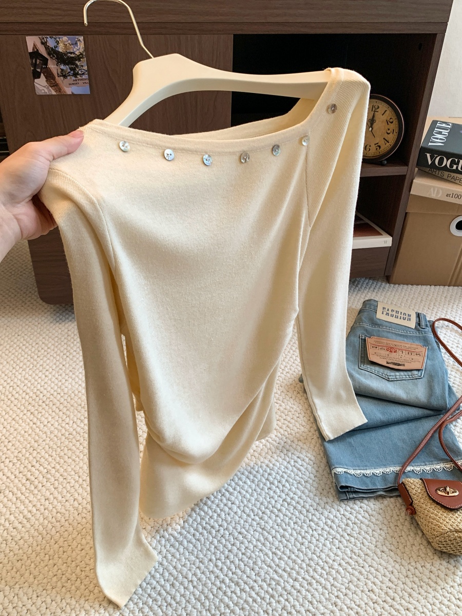 Women's Boat Neck Button Detail Asymmetric Knit Long Sleeve Top 2026 Early Autumn Slimming One Size