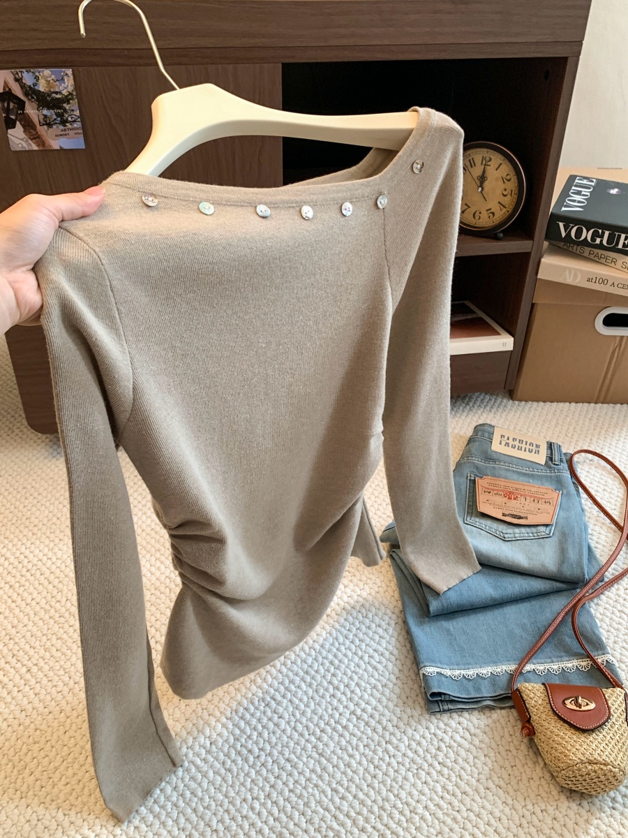 Women's Boat Neck Button Detail Asymmetric Knit Long Sleeve Top 2026 Early Autumn Slimming One Size - Image 3