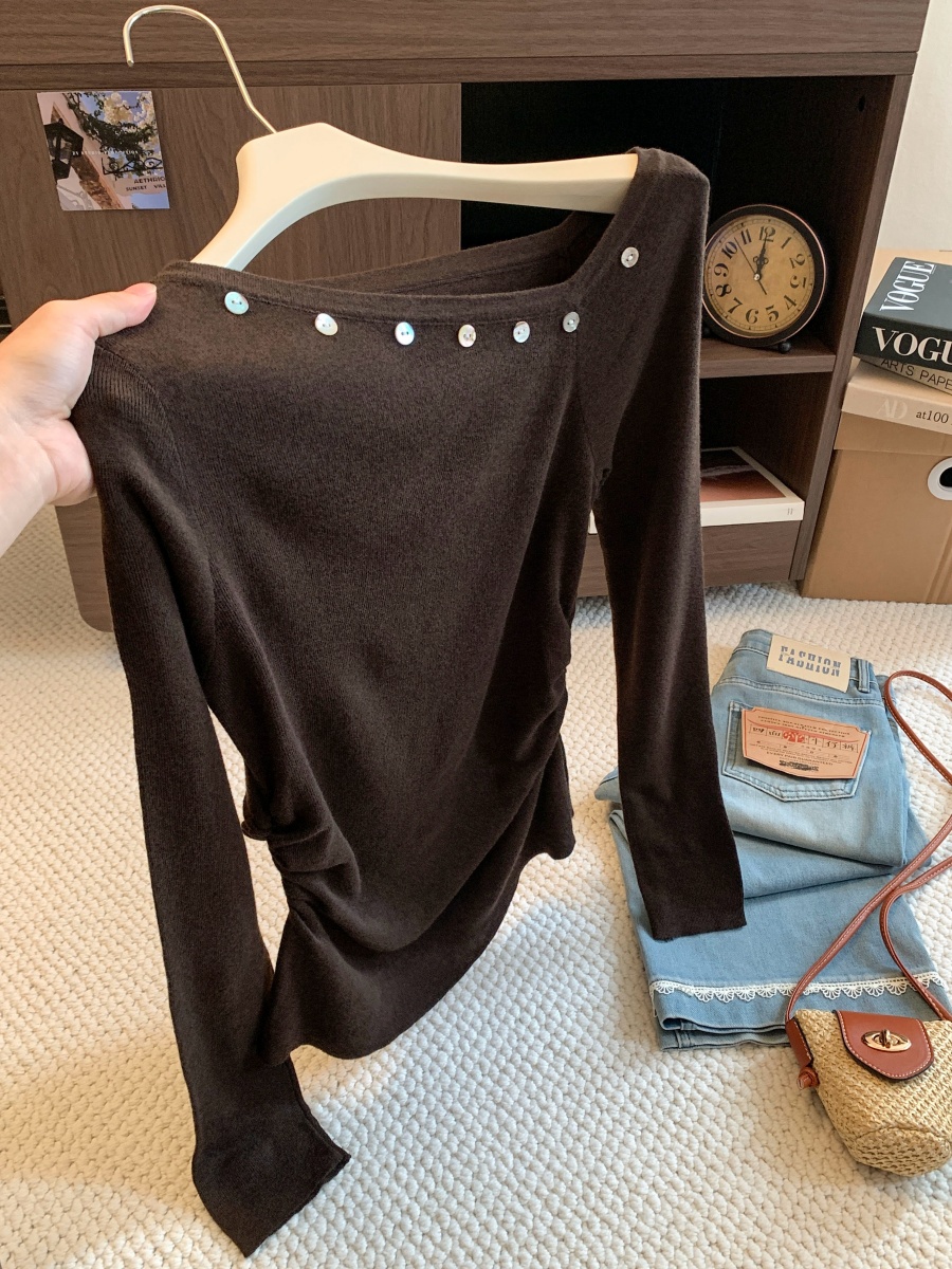 Women's Boat Neck Button Detail Asymmetric Knit Long Sleeve Top 2026 Early Autumn Slimming One Size - Image 2