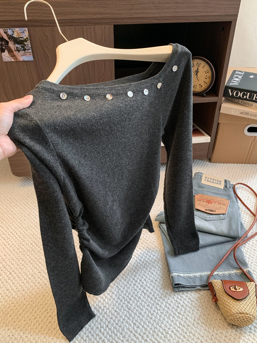 Women's Boat Neck Button Detail Asymmetric Knit Long Sleeve Top 2026 Early Autumn Slimming One Size - Image 4