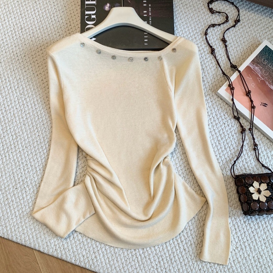Women's Boat Neck Button Detail Asymmetric Knit Long Sleeve Top 2026 Early Autumn Slimming One Size - Image 5