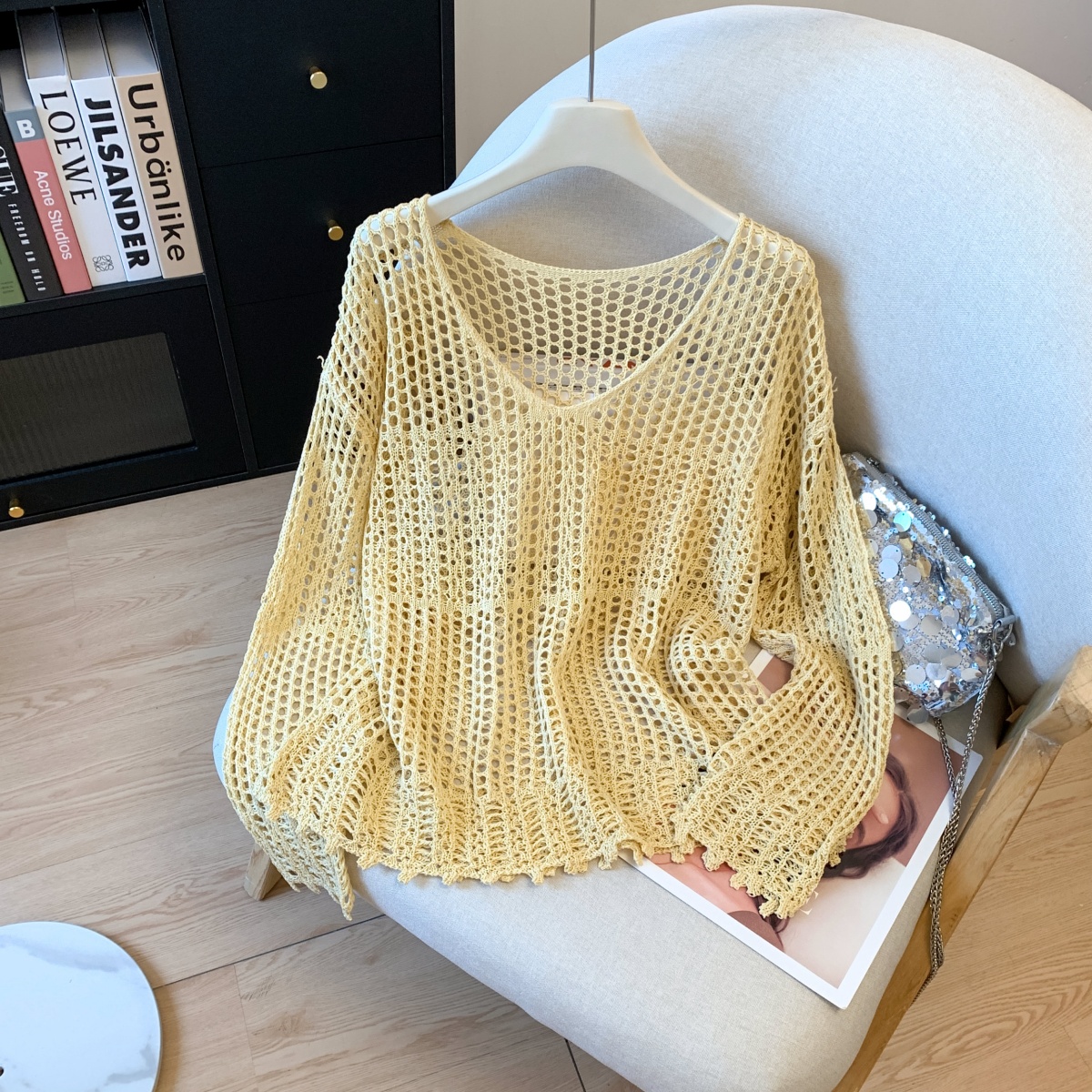 Women's Lazy Vacation Style Hollow Mesh Knit Sun Protection Top with Belt - Image 3