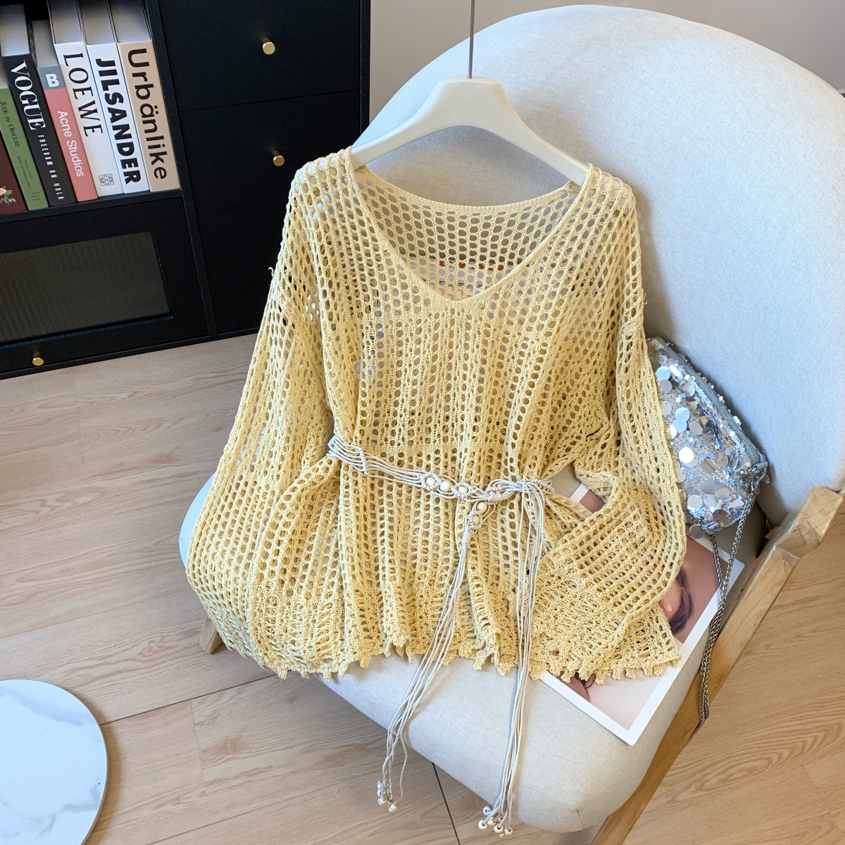 Women's Lazy Vacation Style Hollow Mesh Knit Sun Protection Top with Belt