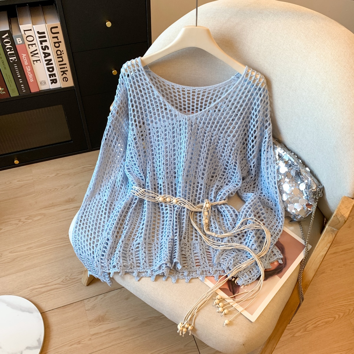 Women's Lazy Vacation Style Hollow Mesh Knit Sun Protection Top with Belt - Image 2