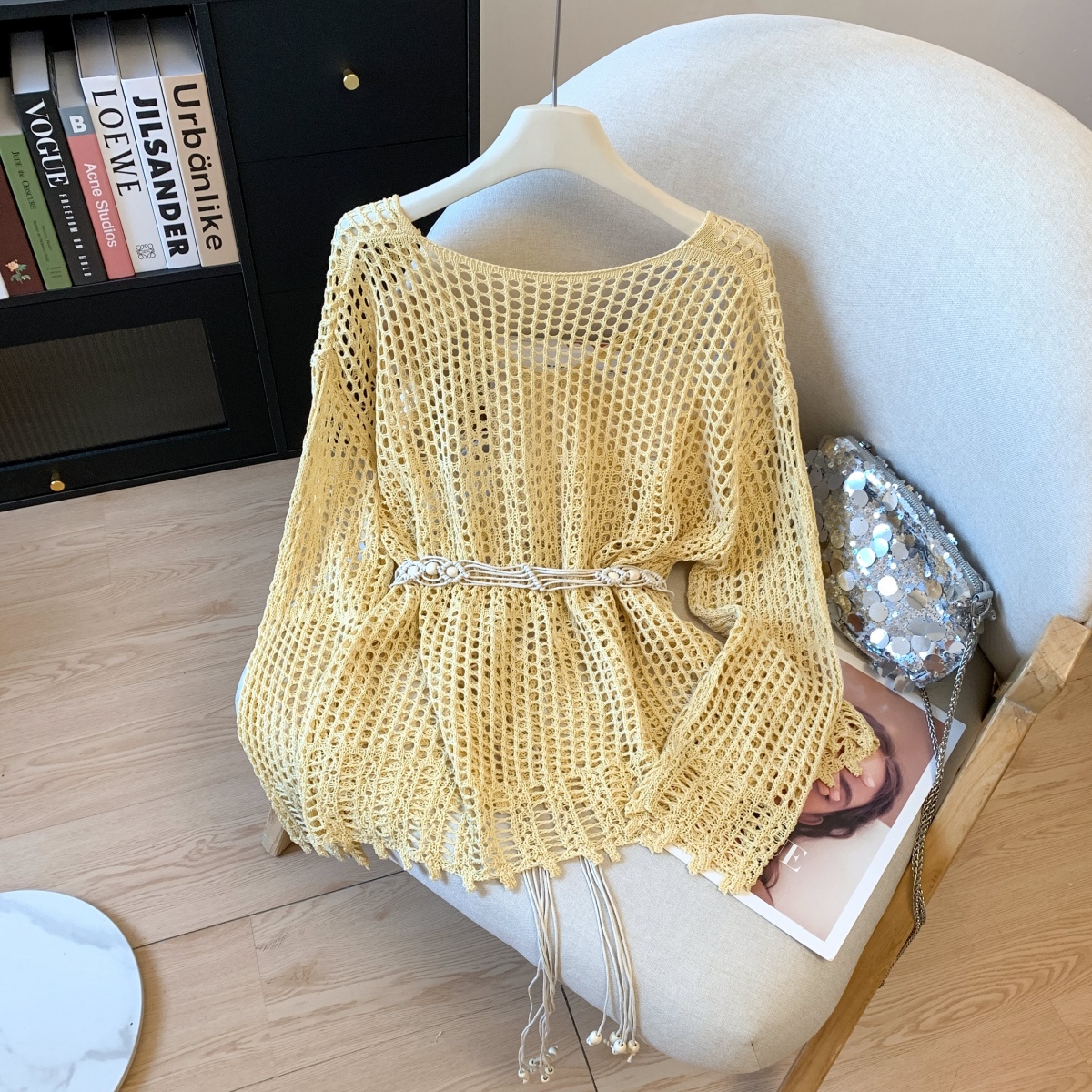 Women's Lazy Vacation Style Hollow Mesh Knit Sun Protection Top with Belt - Image 4