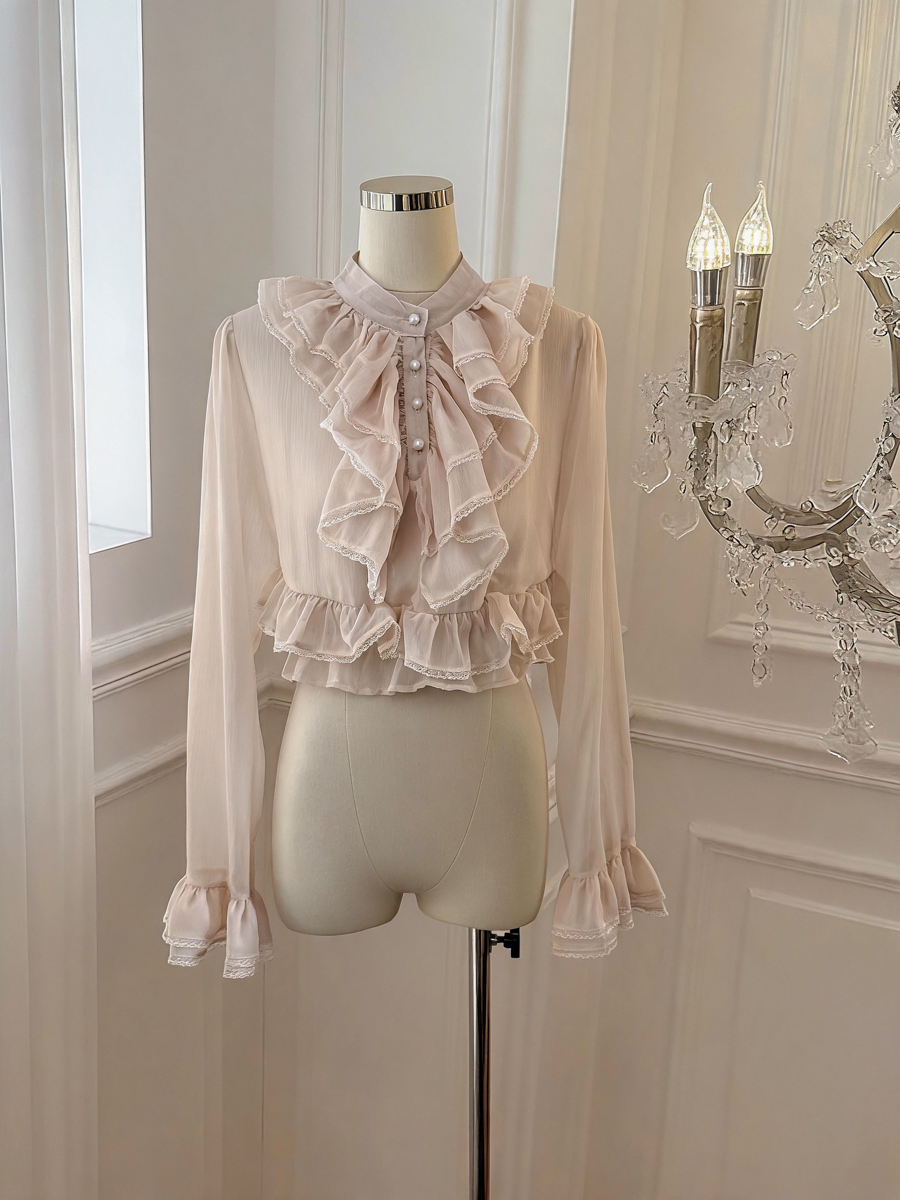 French Palace Style Lace Ruffle Long Sleeve Chiffon Top for Women – Style 64016f