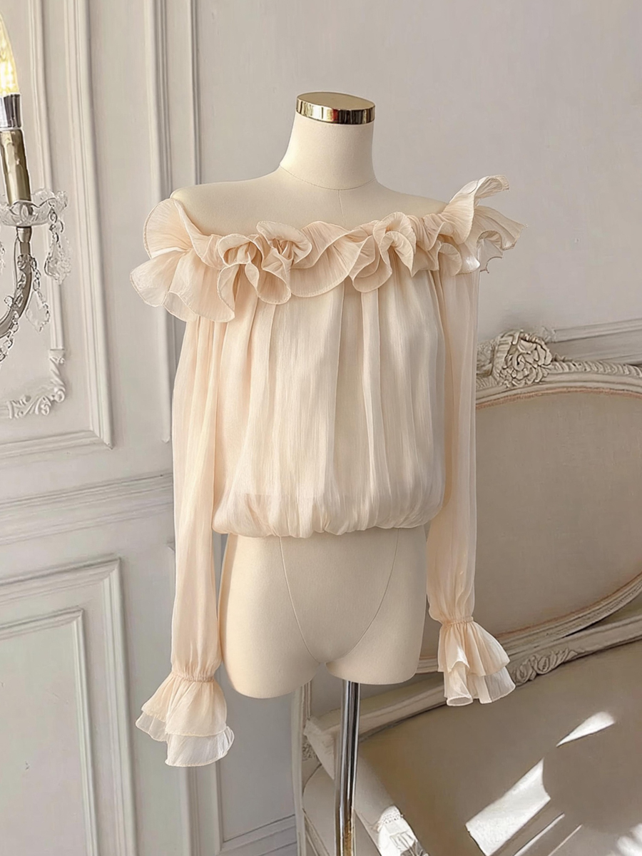Sweet Off-Shoulder Ruffle Fairy Chiffon Top with Long Sleeves