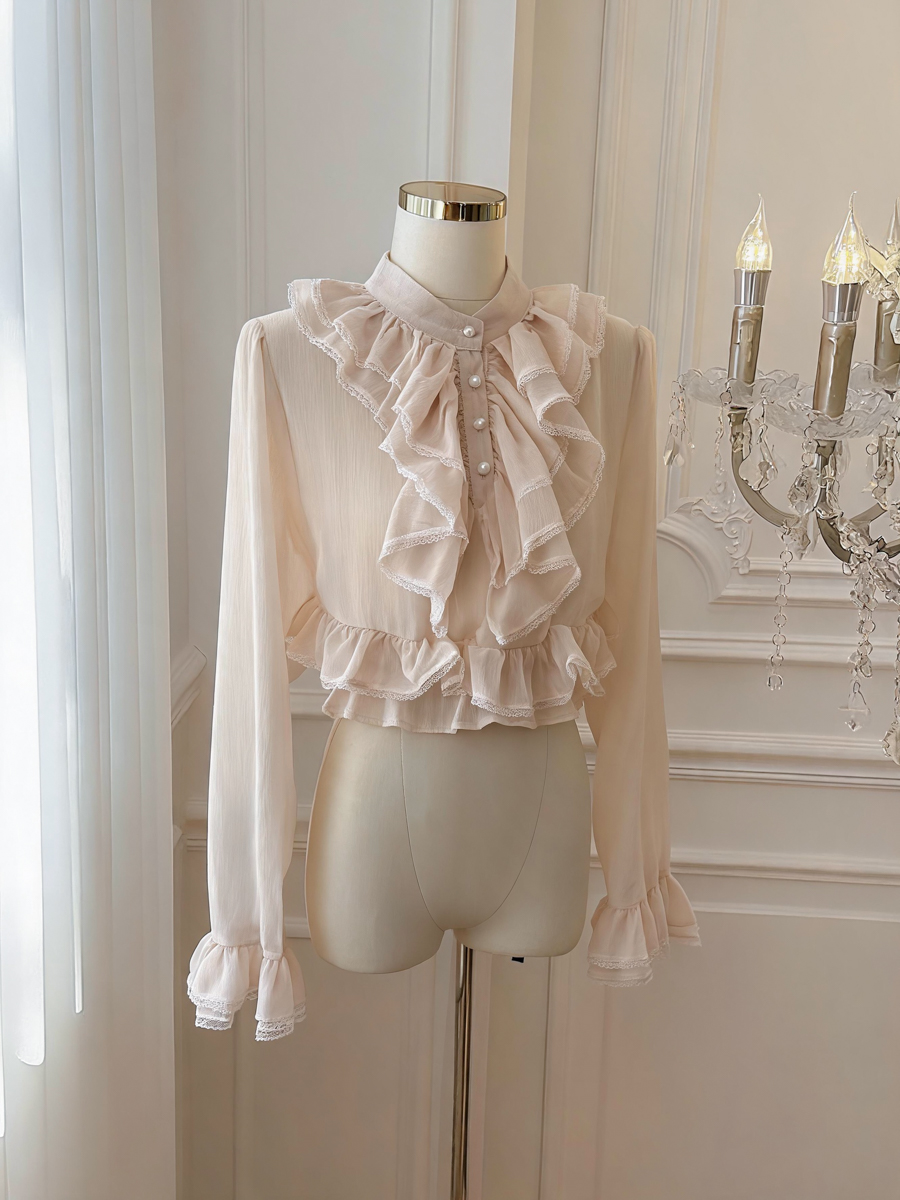 French Court Style Lace Ruffle Long Sleeve Chiffon Top for Women – Style adf6ef