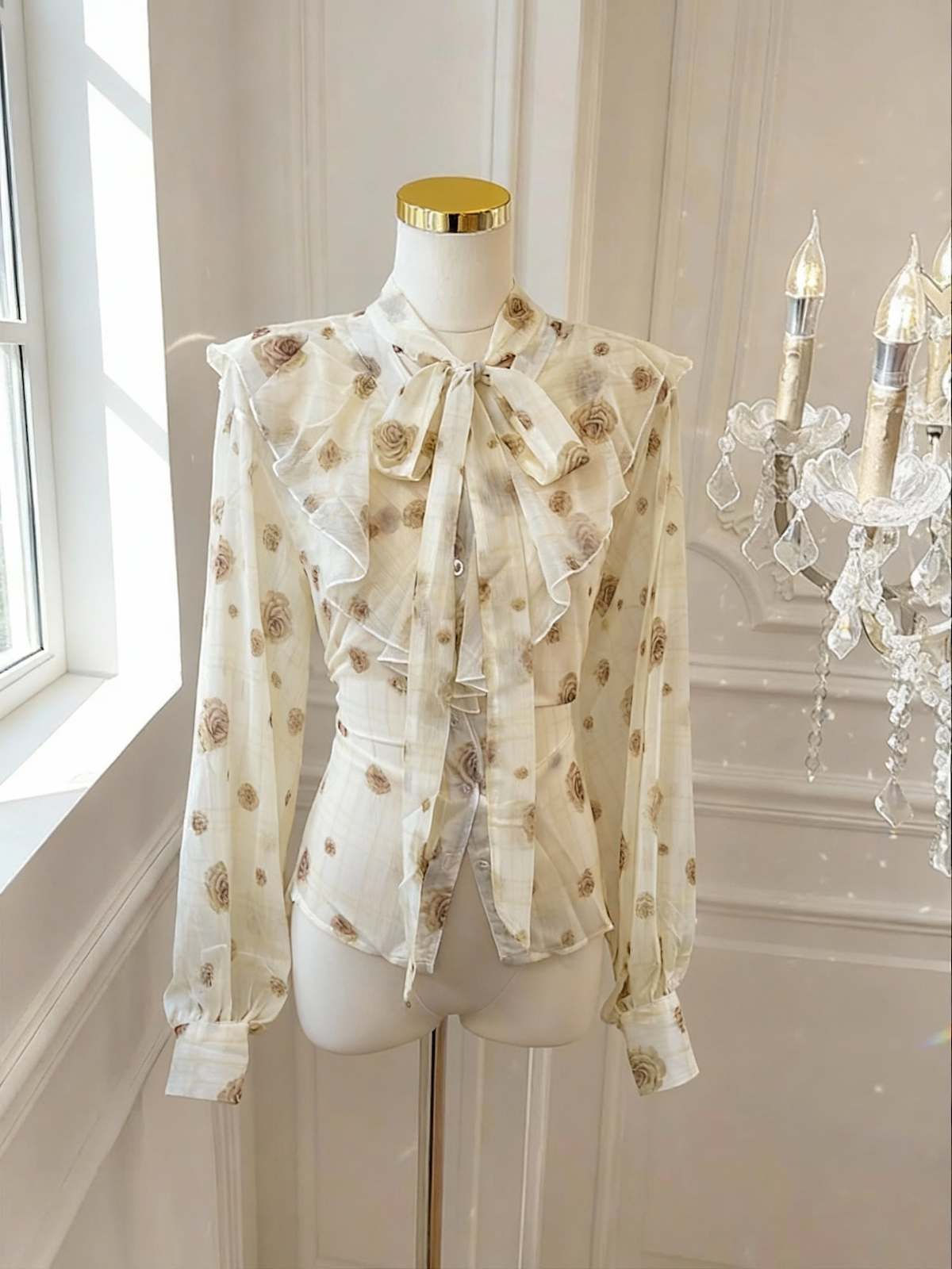 Sweet Bow Chiffon Shirt French Style Floral Blouse Women Autumn Top – Style 6422f8