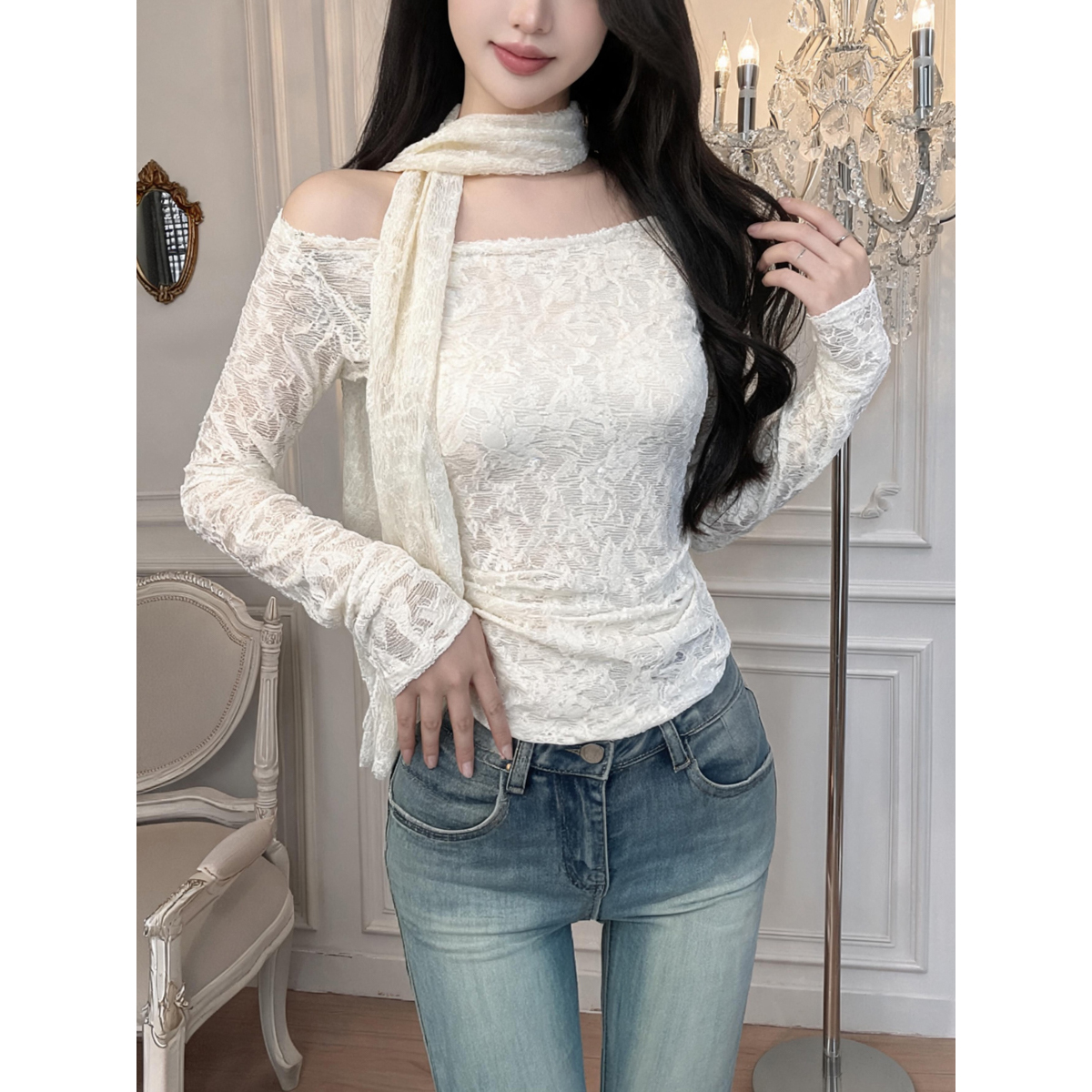 Women's Off-Shoulder Lace T-Shirt with Ribbon Accent Long Sleeve Slim Fit Top - Style aed992 - Image 5