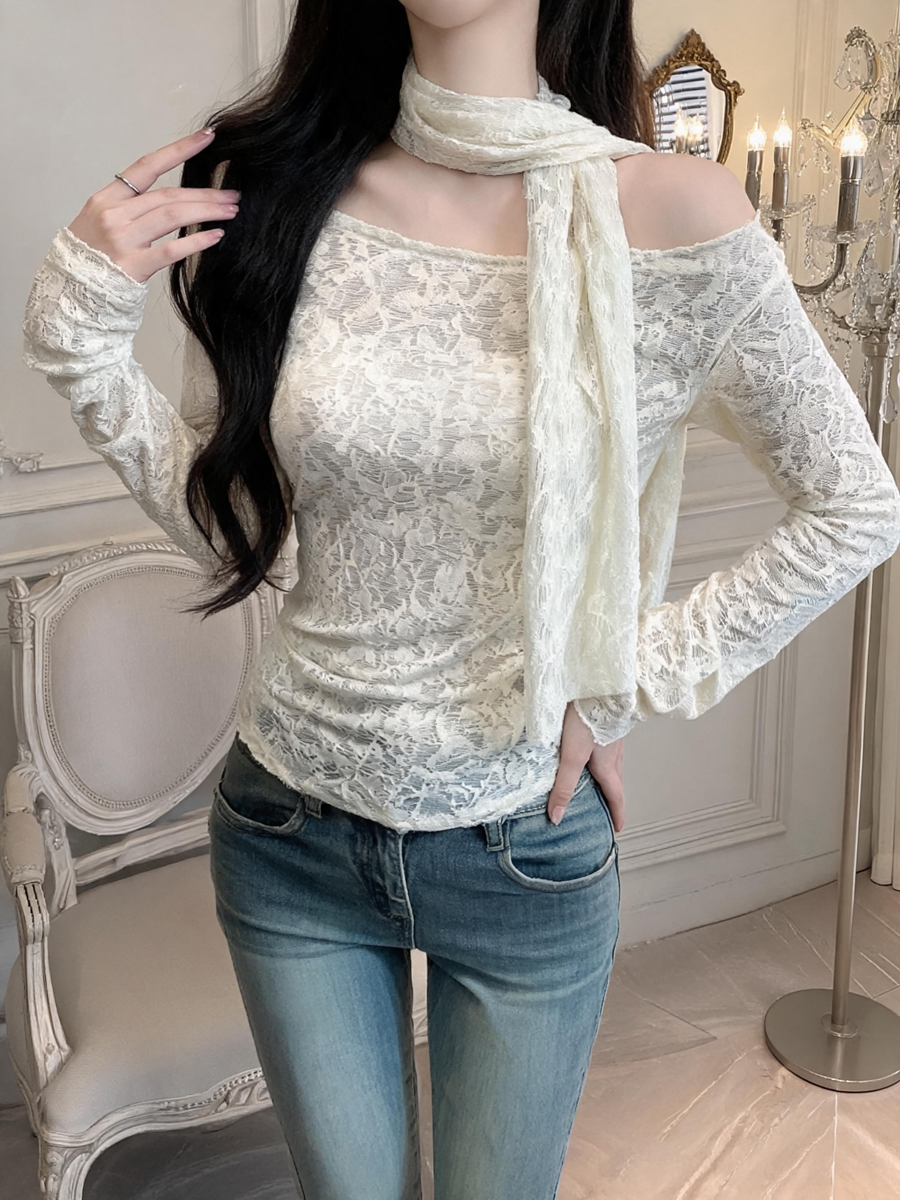 Women's Off-Shoulder Lace T-Shirt with Ribbon Accent Long Sleeve Slim Fit Top - Style aed992 - Image 2