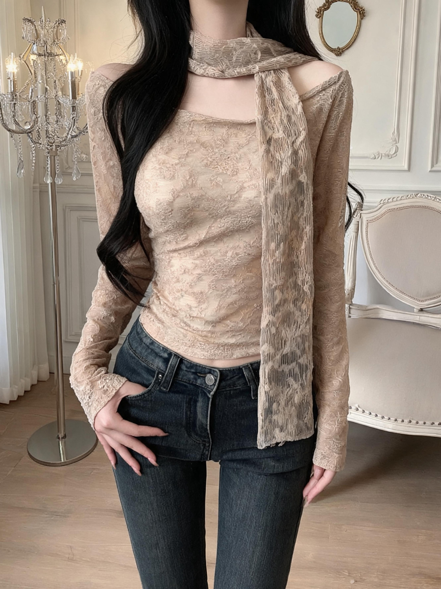 Women’s Off-Shoulder Lace T-Shirt with Ribbon Accent Long Sleeve Slim Fit Top – Style aed992