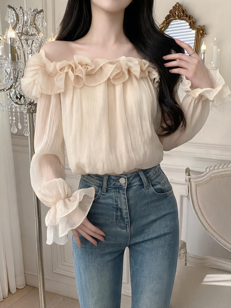 Sweet Off-Shoulder Ruffle Chiffon Blouse with Bell Sleeves