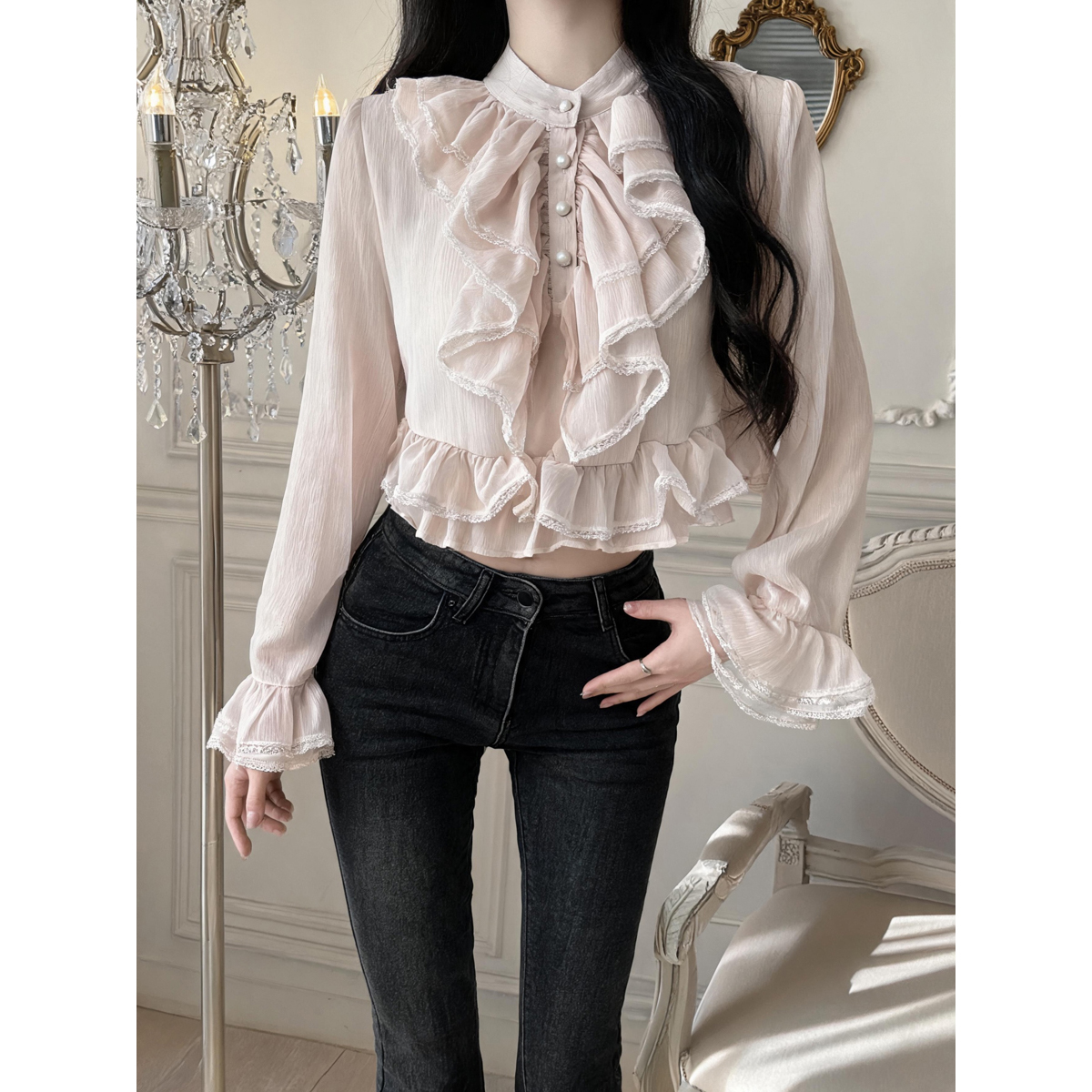 French Court Style Lace Ruffle Long Sleeve Chiffon Top for Women Autumn Blouse - Image 5