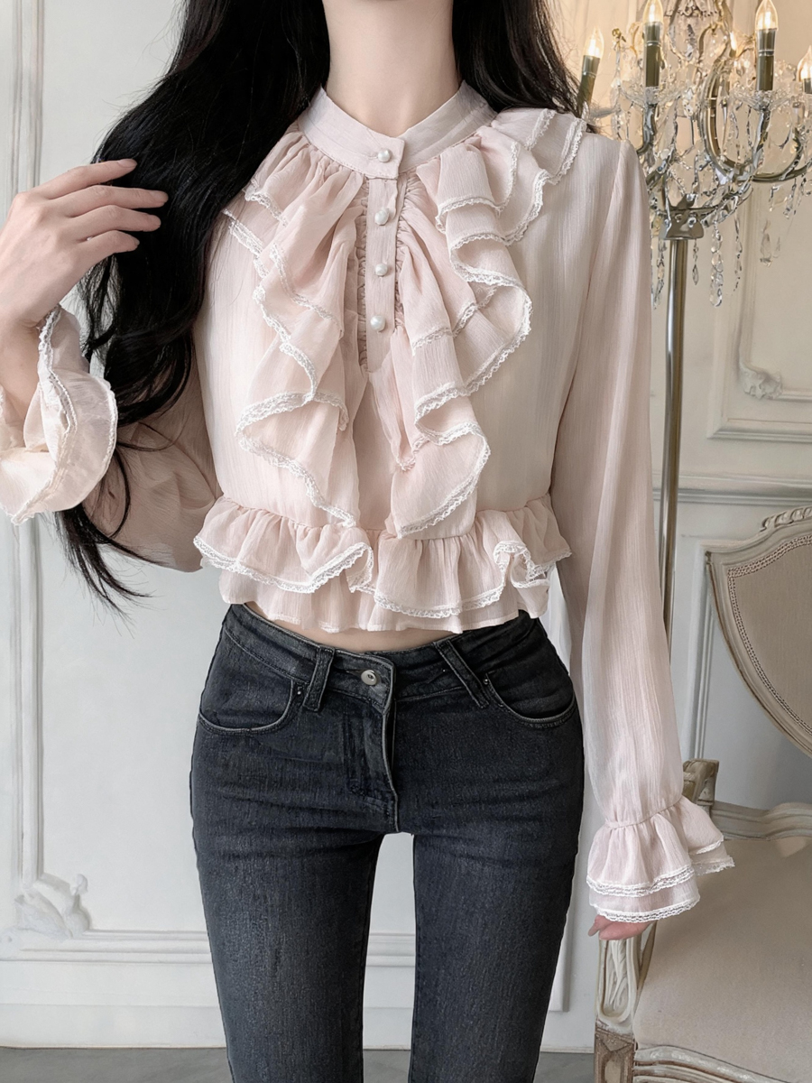 French Court Style Lace Ruffle Long Sleeve Chiffon Top for Women Autumn Blouse - Image 2