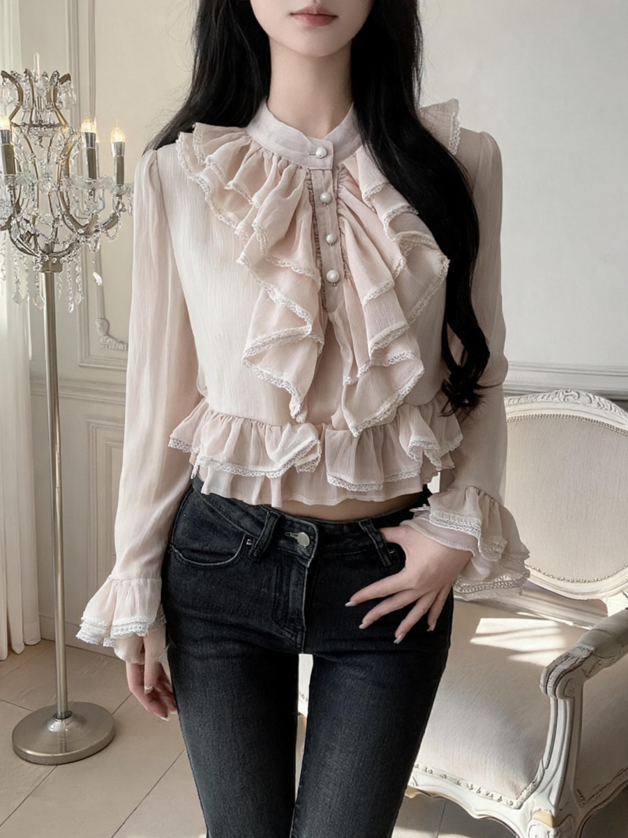 French Court Style Lace Ruffle Long Sleeve Chiffon Top for Women Autumn Blouse - Image 3