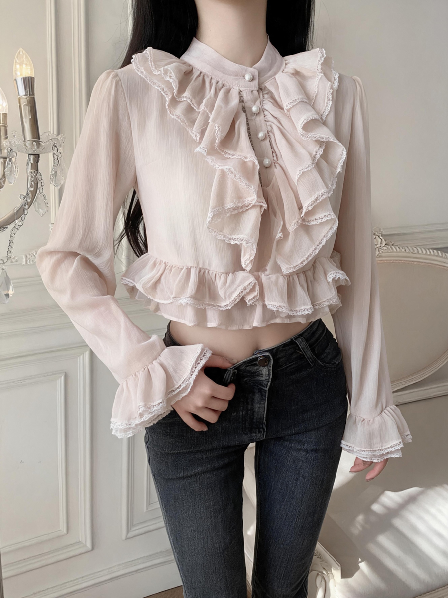 French Court Style Lace Ruffle Long Sleeve Chiffon Top for Women Autumn Blouse