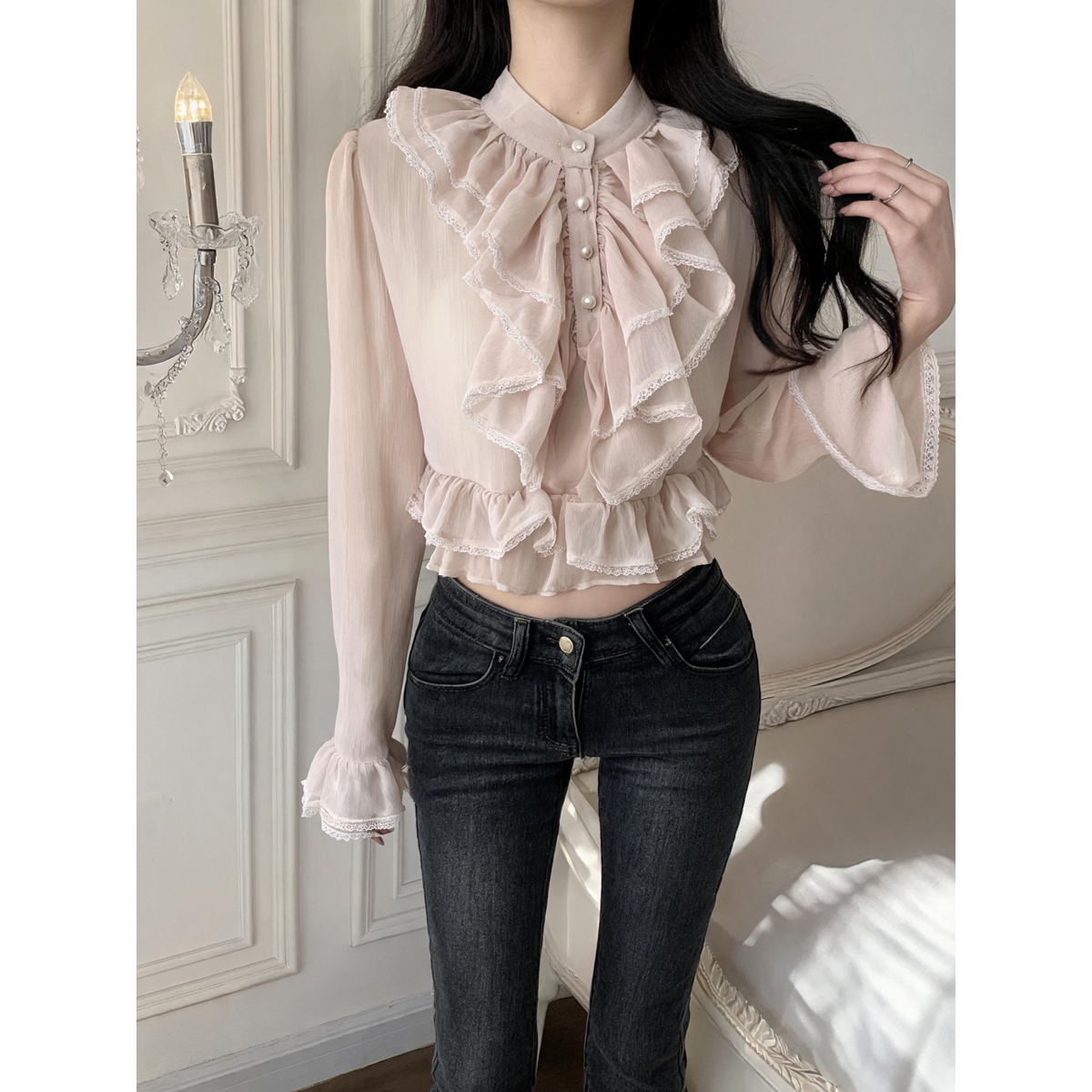 French Palace Style Lace Ruffle Long Sleeve Chiffon Top for Women - Style aeef77 - Image 5